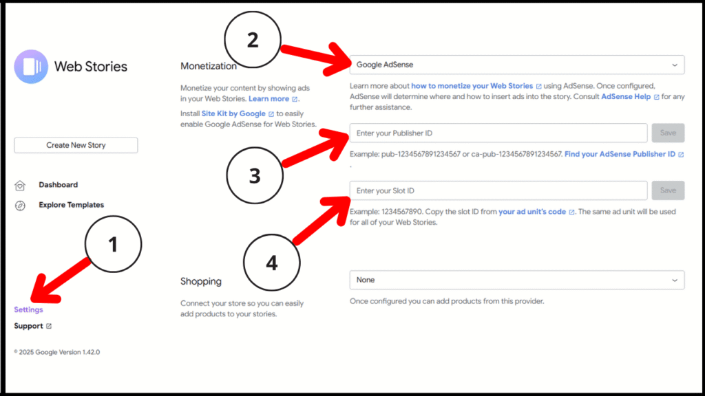 Google Web Stories Monetization Settings